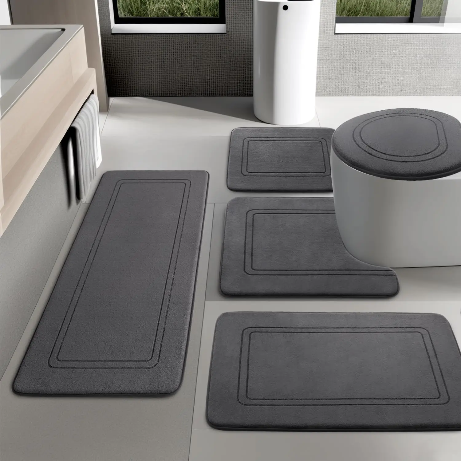 

Dark Grey Memory Foam Bathroom Rug Set, 5-Piece Ultra Absorbent Non-Slip Mats, Washable Quick-Dry for Floor