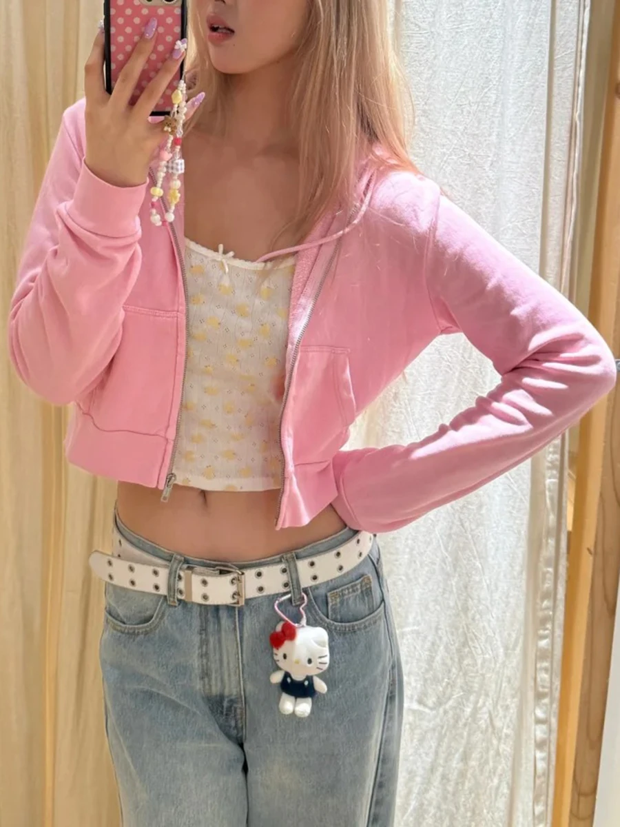 Hoodie Pink Baru Wanita Musim Gugur Slim Zipper Tali Serut Hoodie Lengan Panjang Katun Sweatshirt Gaya Prppy Manis Crop Top Lucu