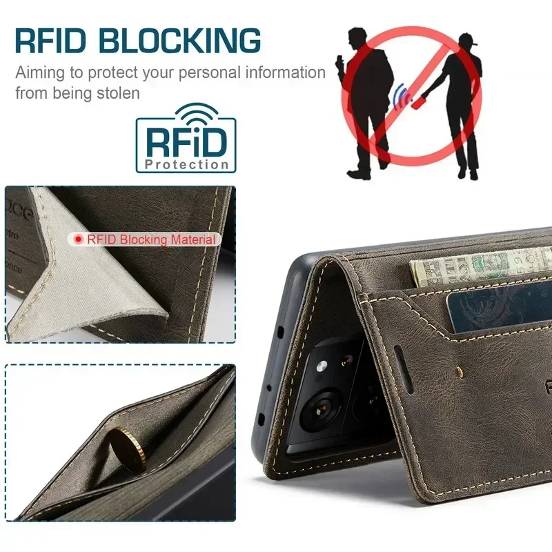 For Xiaomi 13T 14T Pro 14 5G RFID Leather Flip Magnetic Case For Redmi Note 13 14 Pro 14s 12 13C Poco X7 X6 M6 C65 Wallet Cover