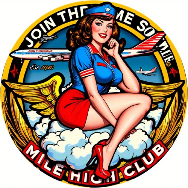 Letrero de estaño de aluminio redondo de metal 2D vintage plano, 1 pieza, arte de pared con tema de aviación retro con diseño "Join the Mile High Club", 7,8