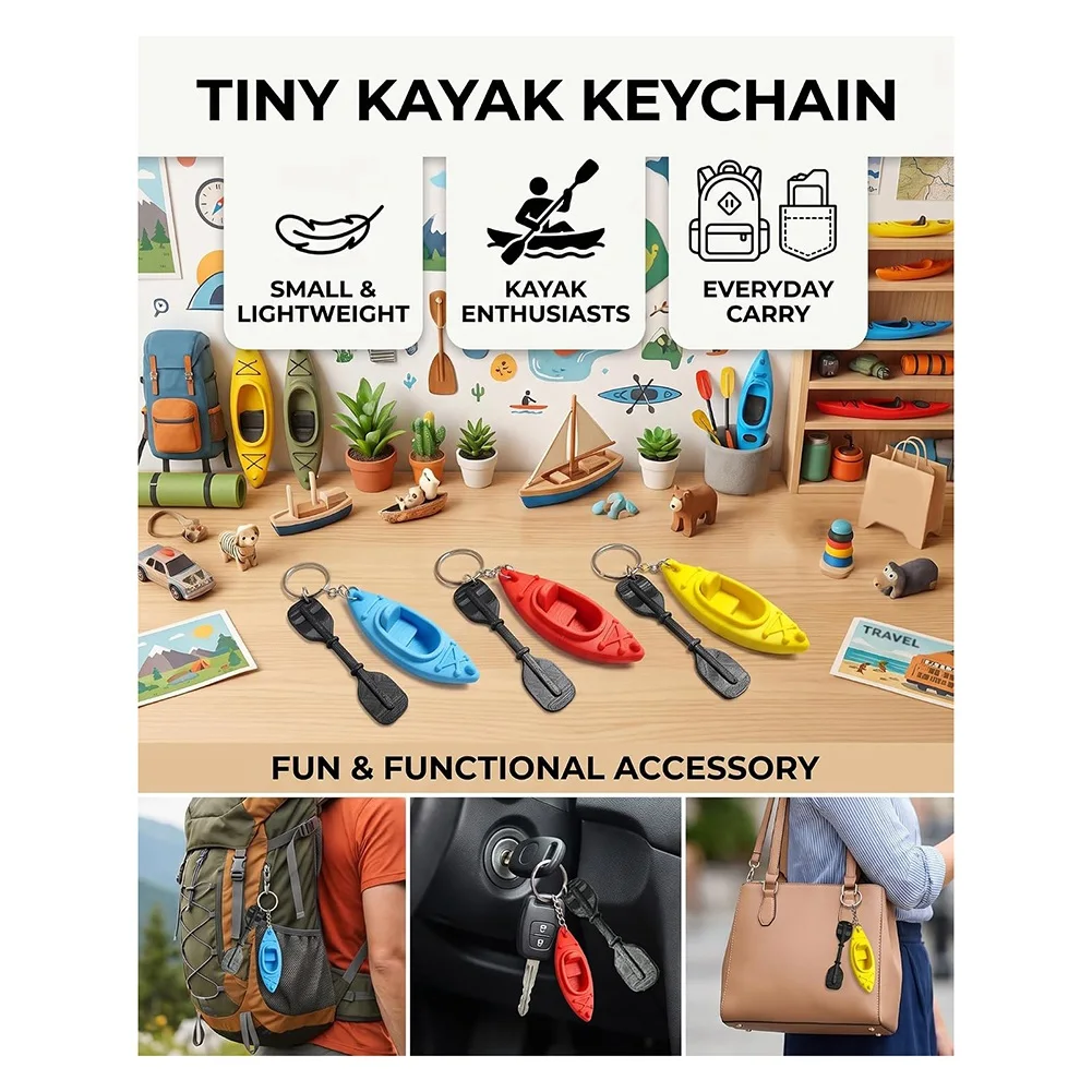 A64T-Kayak Keychain Set(3Pcs) Paddle Shaped Outdoor Keychain Style Swimming Kickboard Accessory For Kayaking