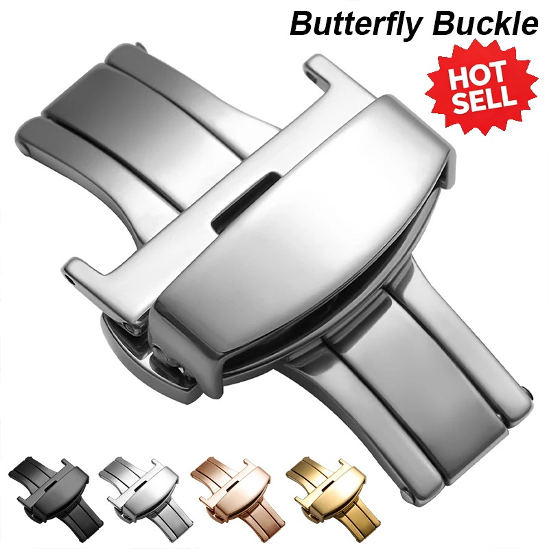 Stainless Steel Butterfly Watch Buckle 16mm 18mm 20mm 22mm Double Lock Deployment Clasp for Leather Metal Strap for Men Women