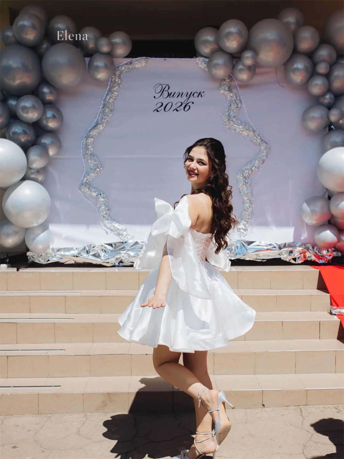 Elena Satin Off The Shoulder White A-Line Homecoming Dress Elegant Mini Featuring Dramatic Detachable Full Large Bow Customized