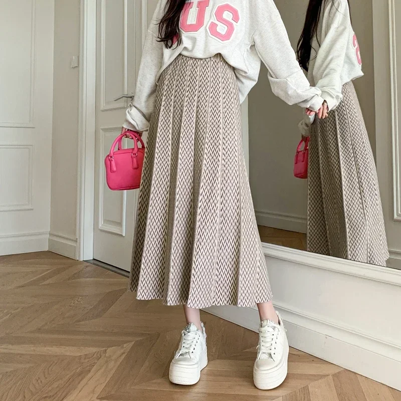 Elegant High Waist Pleated Skirts Autumn Winter Streetwear Faldas Korean Fashion Clothing Women Slim A Line Thick Knitted Skirt