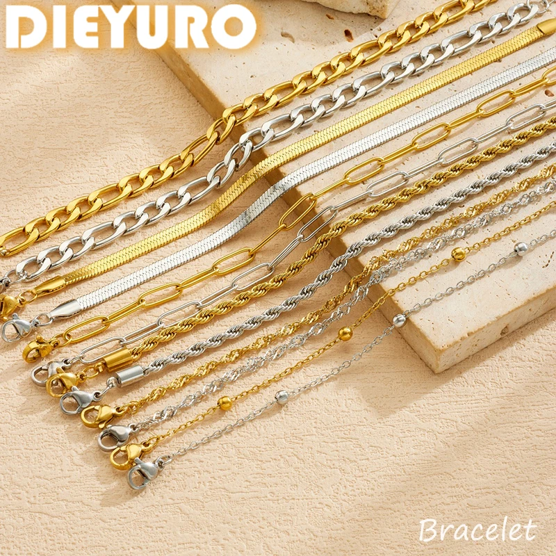 DIEYURO 316L Stainless Steel Golden Exquisite Round Snake Bones 6PC Personalized Stacked Bracelet Lady Trend Hand Chain Jewelry