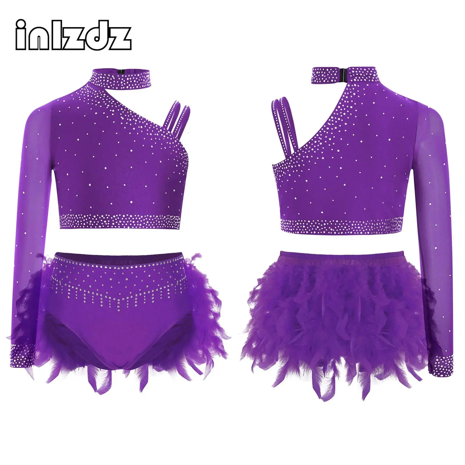 

Girls Latin Dance Outfit Belly Dance Chacha Tango Performance Set Salsa Irregular Shoulder Crop Top+Briefs 2-piece Dancewear Set