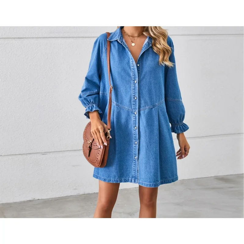 

Loose Washed Long-sleeved Splicing Denim Dress Medium and Long Skirt Women