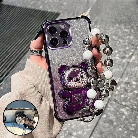 Luxury Bow Strap Bear Phone Holder Case For iPhone X XS Max XR 7 8 6 6S Plus SE 2020 Soft Silicon Glitter Shockproof Stand Cover