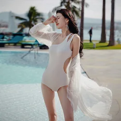 W​omen on piece swimwear white solid with cover up sexy bodysuit bandeau beach swimming wear bathing suit