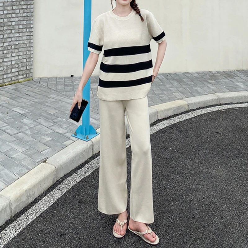 Striped O-neck Short Sleeve Split Top Loose Knit Suit Two-piece Sets Wide Leg Long Pants Summer Women Clothing Casual Vintage Ne