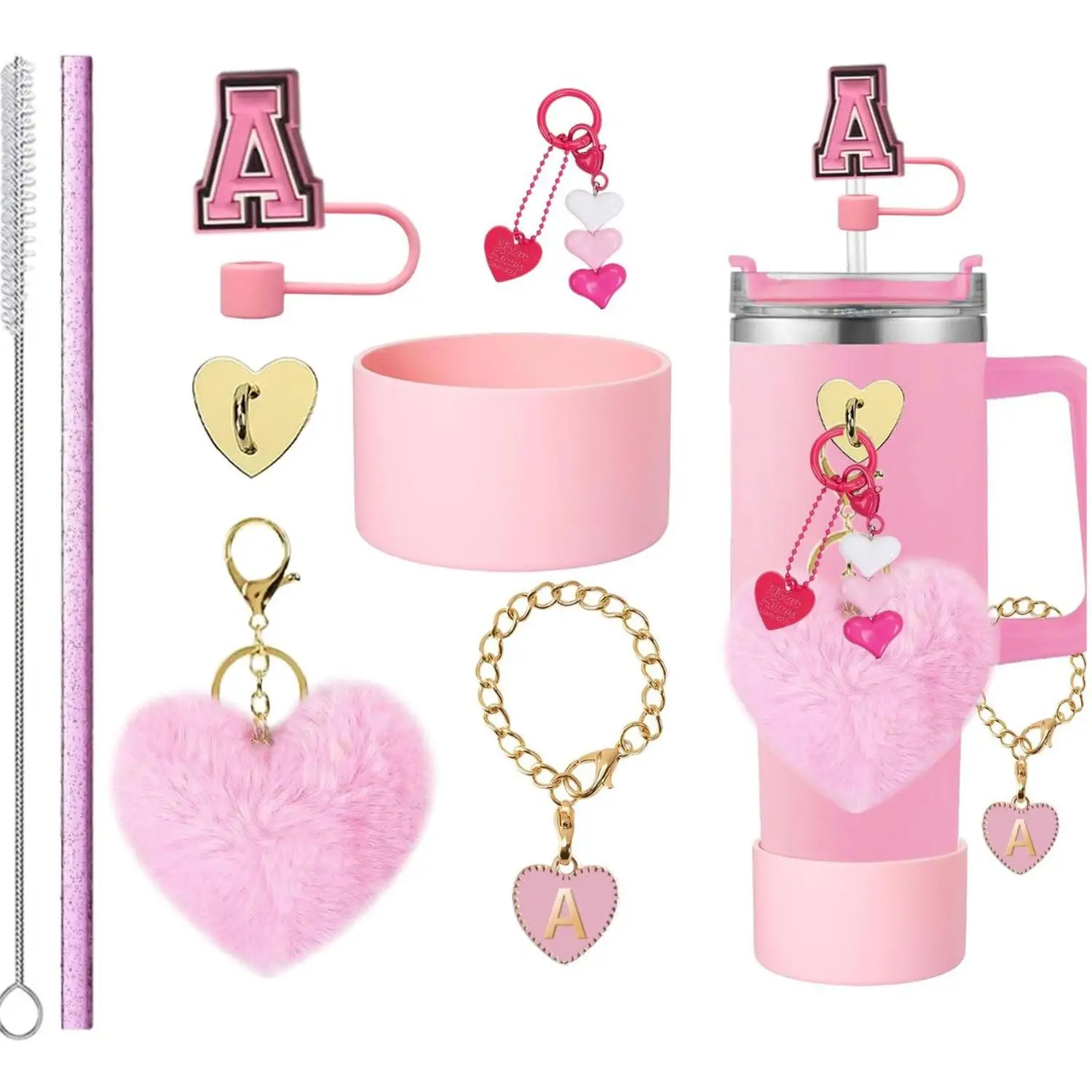 Fluffy Heart Silicone Cup Sleeve with Letter Charms Keychain - Cute Letter Straw Topper for Beverages