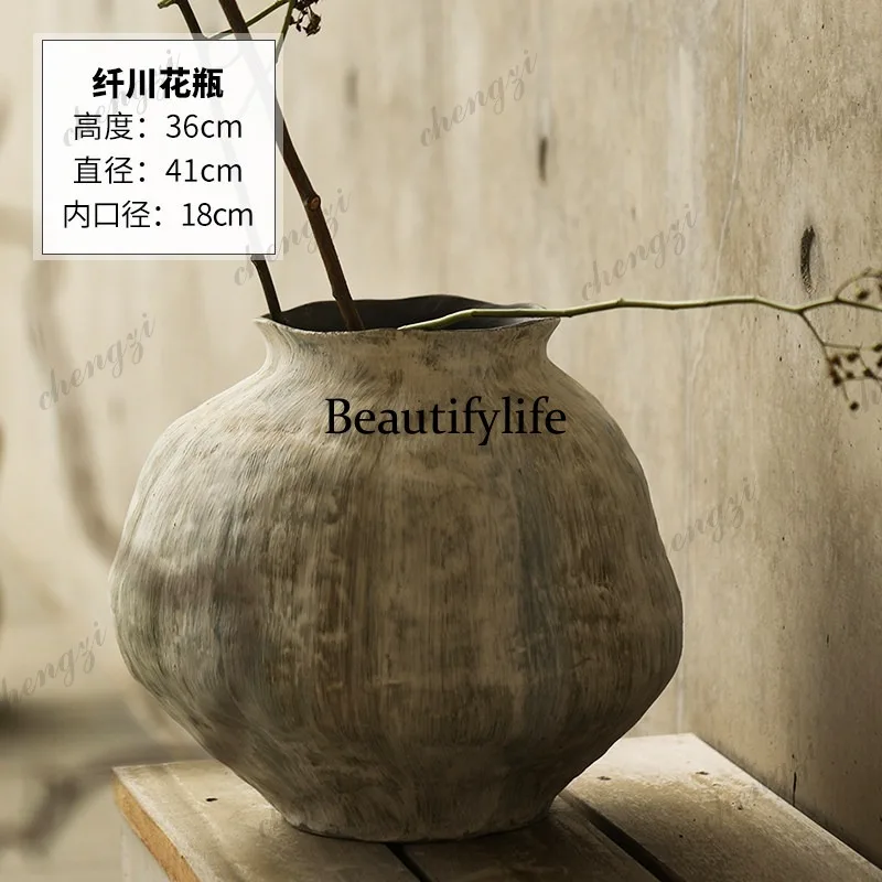 Handmade large ceramic pot Zen dried flower ornament living room flower arrangement decoration retro vase