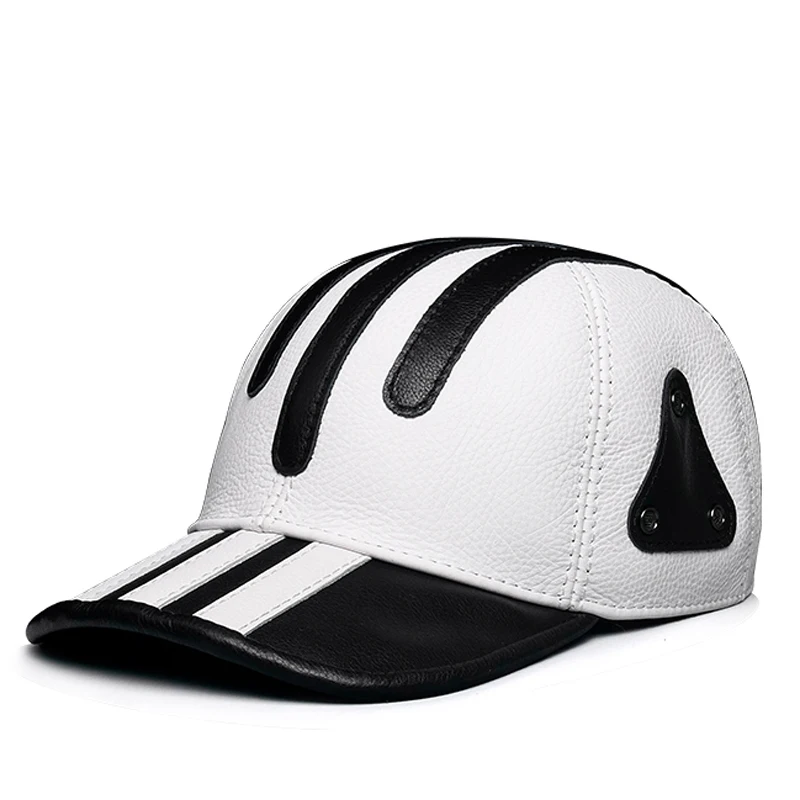 Quality Leather Baseball Cap Men Women 100% Cowhide Thin White Black Striped Triangle Golf Peaked Hat Unisex Chic  Hockey Gorra