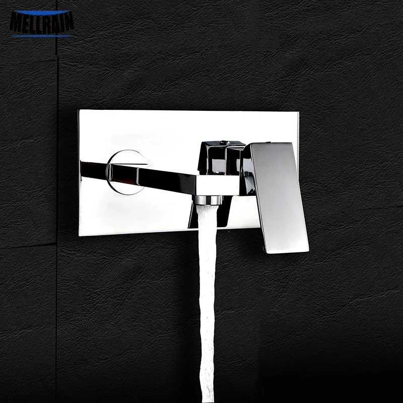 

High quality wall mounted basin faucet brass chrome plated square single handle kitchen sink mixer with embedded box easy mount