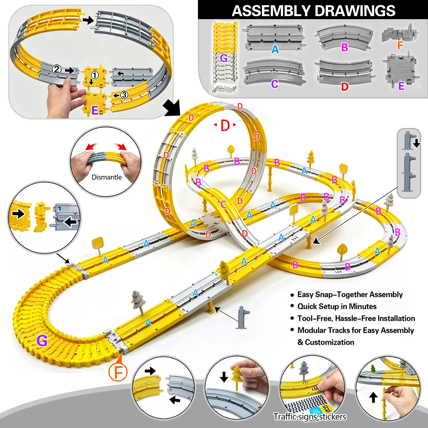 DIY Race Track Toys Anti-Gravity 360° Vertical Loop Climbing Track Train Engineering Vehicle Toy Tower Crane and Traffic Signs