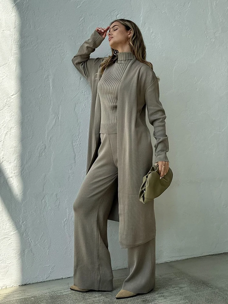 Women's Three piece Cardigan set Casual Sweater Sets Women 3 piece Outfits Long Sleeve Striped Pullover Top Wide Leg Pants