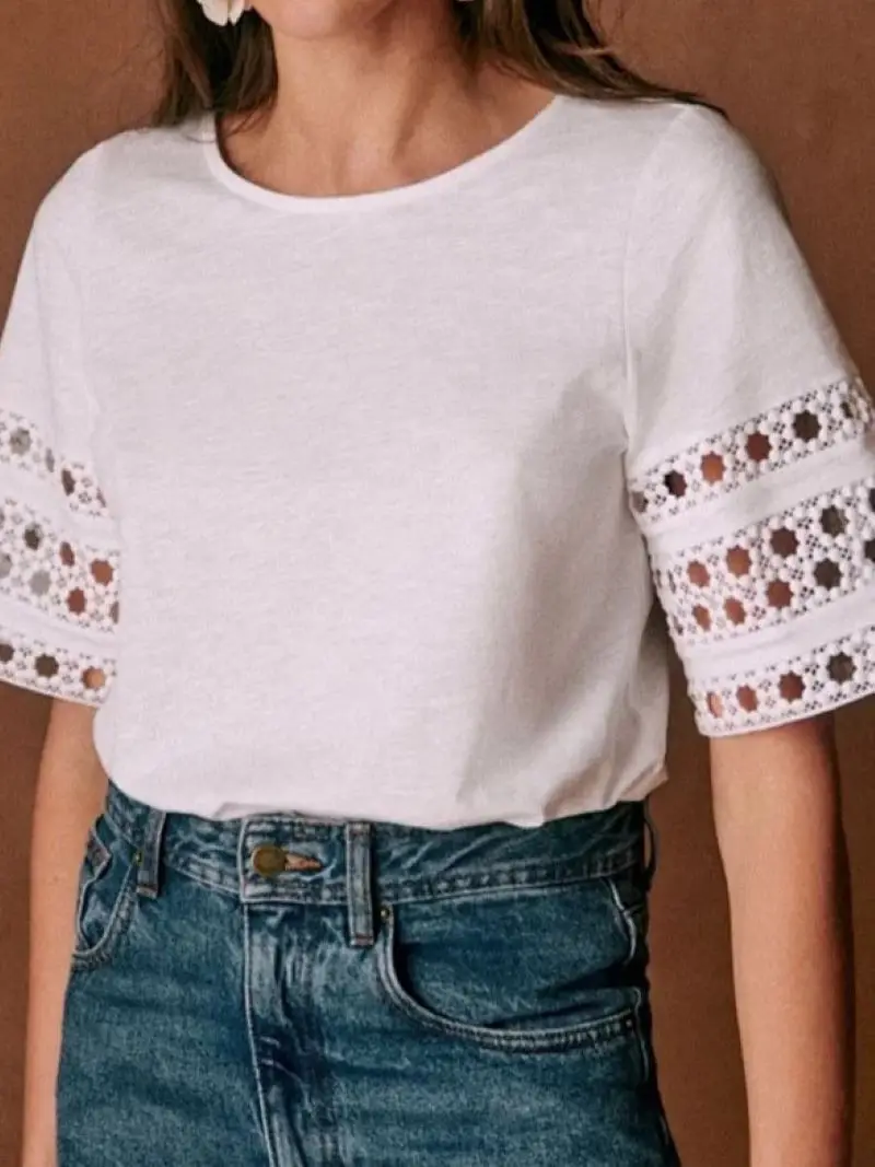 

Women Lace Embroidery T-Shirt Hollow Out Short Sleeve O-Neck Solid Color Vintage Female Tee Tops