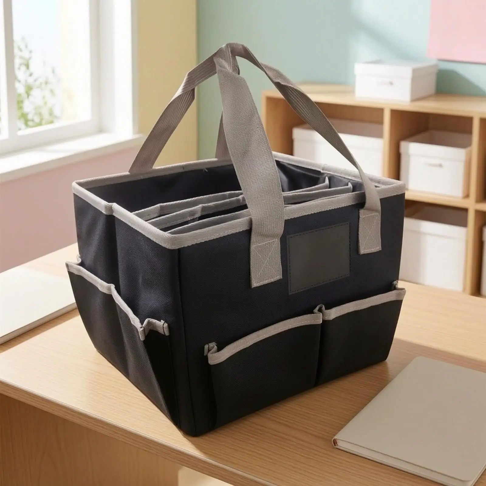 Foldable Teacher Tote Multistorage Organizer Tote Bag Structured Open-Top Stationery Storage Bag for Teachers, Educators, School