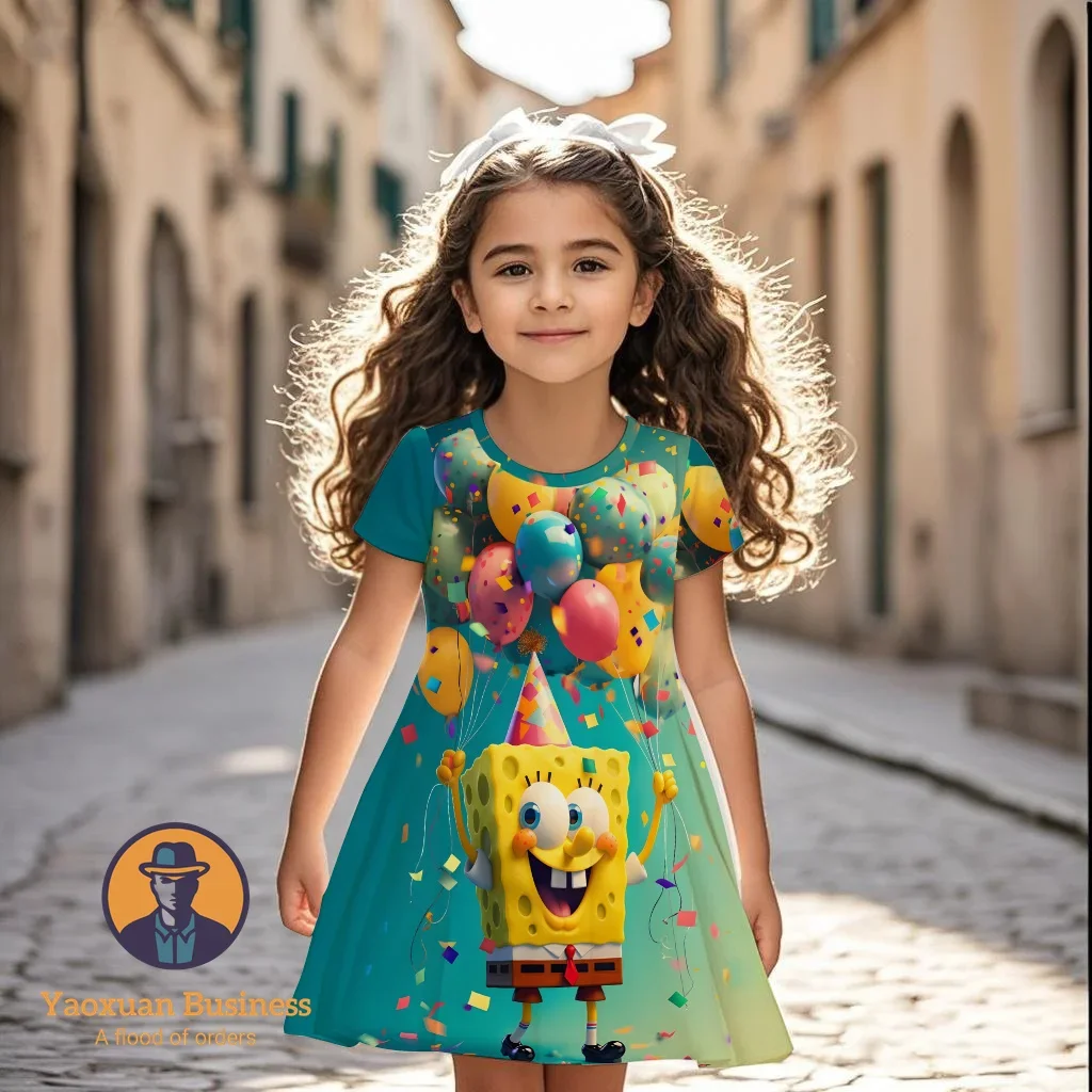 

New Trendy SpongeBob SquarePants 2025 Kids Teens 3D Dress Girls Cartoon Print Summer Party Best Selling Fashion