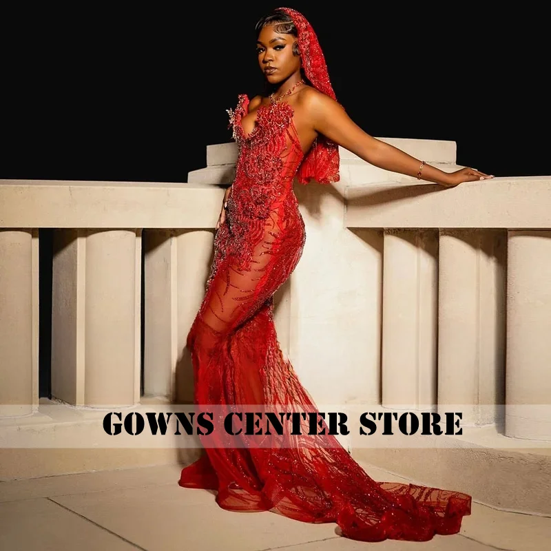 히잡이 달린 섹시한 시스루 레드 댄스 파티 드레스 라인스톤 인어 파티 가운 크리스탈 베스티도스 드 갈라 맞춤형