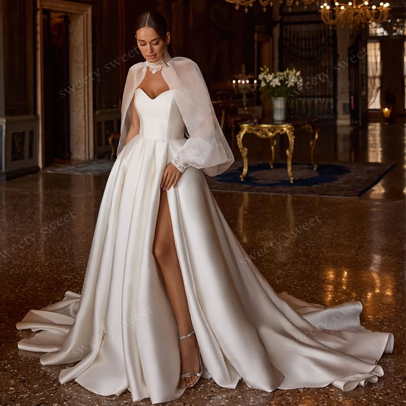 

Simplicity Weddingdress Fullysatin With Detachable Shawl A-Line Split Ballgown Sleeveless Strapless Customized Robe MariéE Satin