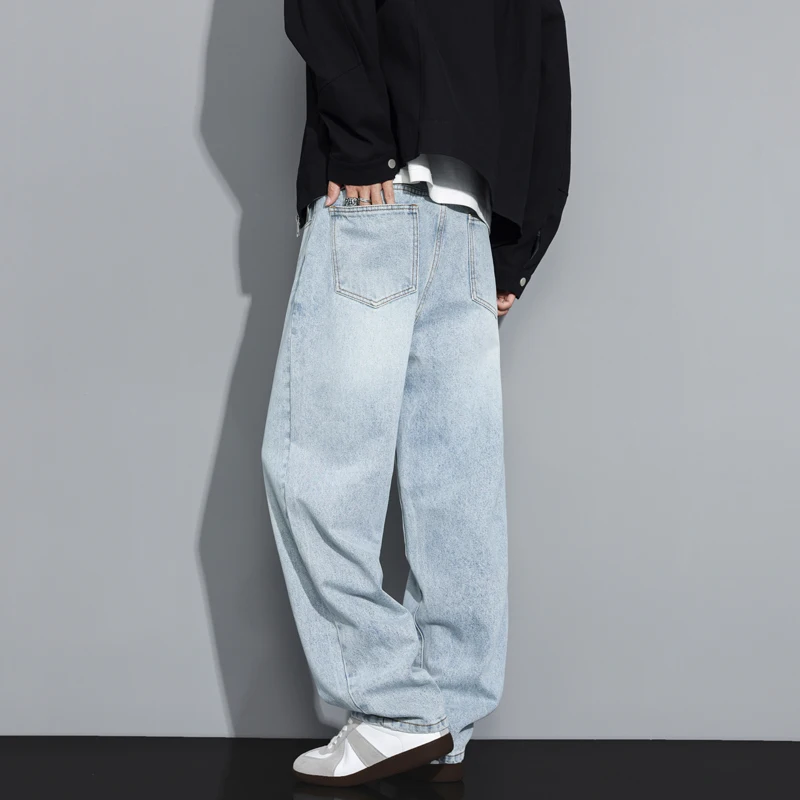 Calças de brim do vintage dos homens outono nova lavagem moda personalidade em linha reta calças casuais coreano streetwear masculino calças jeans
