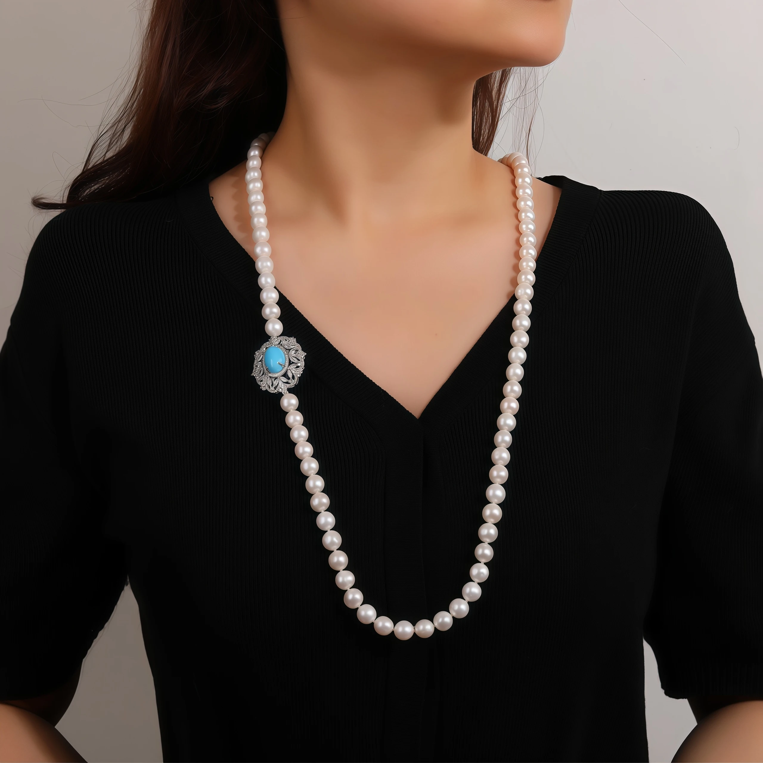 WINKIN WINSIN العلامة التجارية S925 اللؤلؤ قلادة عالية الجودة مطلي بالذهب عالية الكربون الماس الأزرق الفيروز قلادة