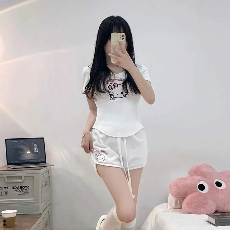 Kawaii Sanrio Hello Kitty Printed Short Sleeve Suit Women 2024 Summer New Slim and Skinny Hundred Drawstring Shorts Girl Gift