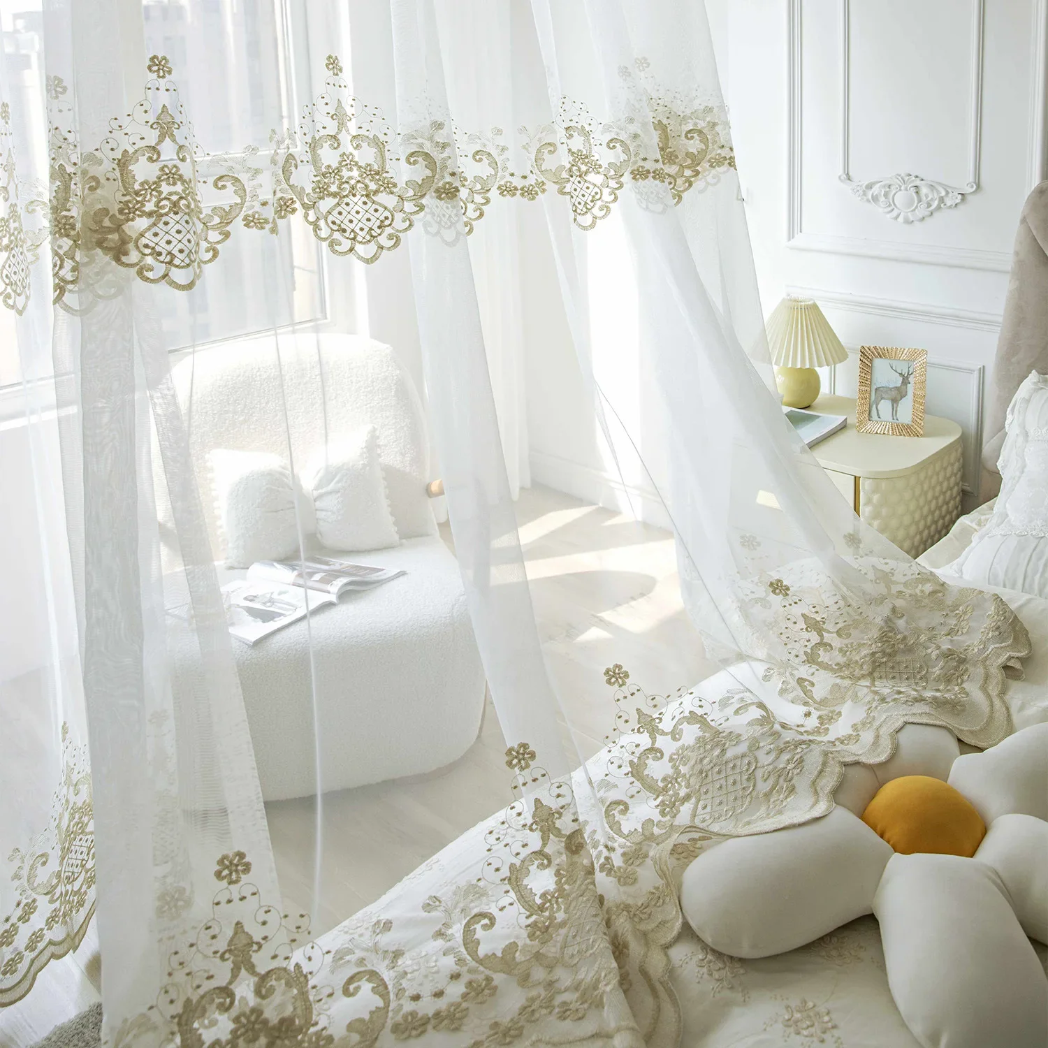 Embroidered White Gauze Embroidered Window Screen Light Luxury Translucent Partition Curtains for Living Dining Room Bedroom