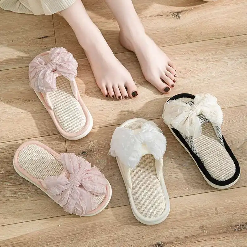 Striped Linen Indoor Slippers Women Cotton Non-slip Soft Bottom Home Wood Floor Sandals Couple Flip Flops Slides for Girls