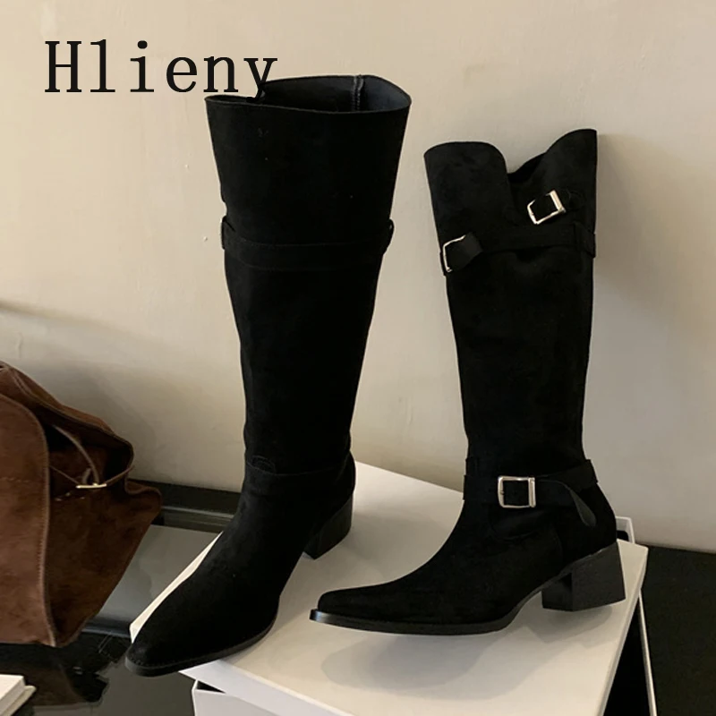 Hlieny 2025 Winter Belt Buckle Pointed Toe Women Knee-High Boots Fashion Vintage Square Low Heels Ladies Shoes Zapatos De Mujer