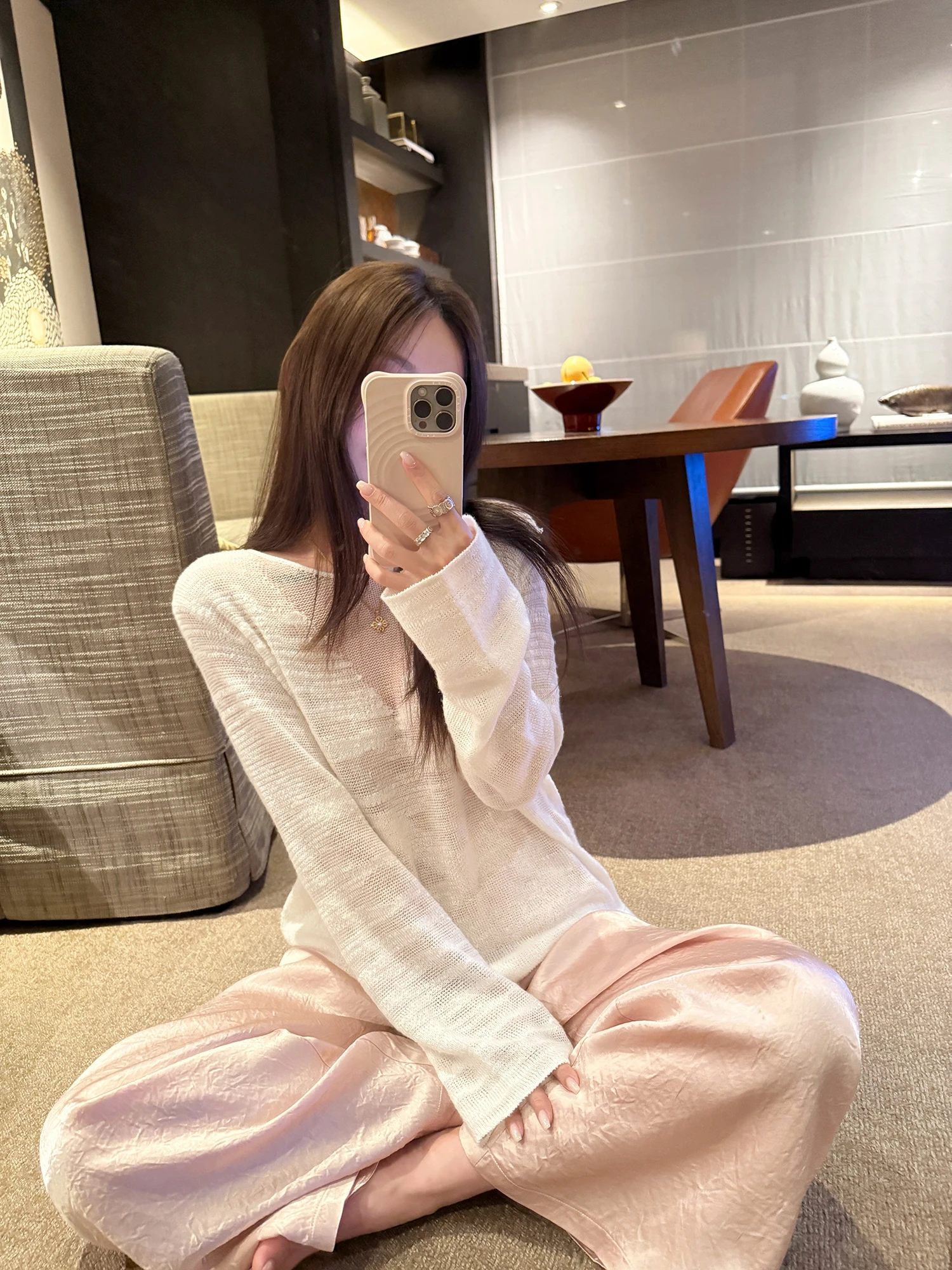 

Korean Style Breathable Ladies Knitted Cover up Top round Neck Loose Fit Soft Cotton Linen Blend Long Sleeve Transparent Shirt