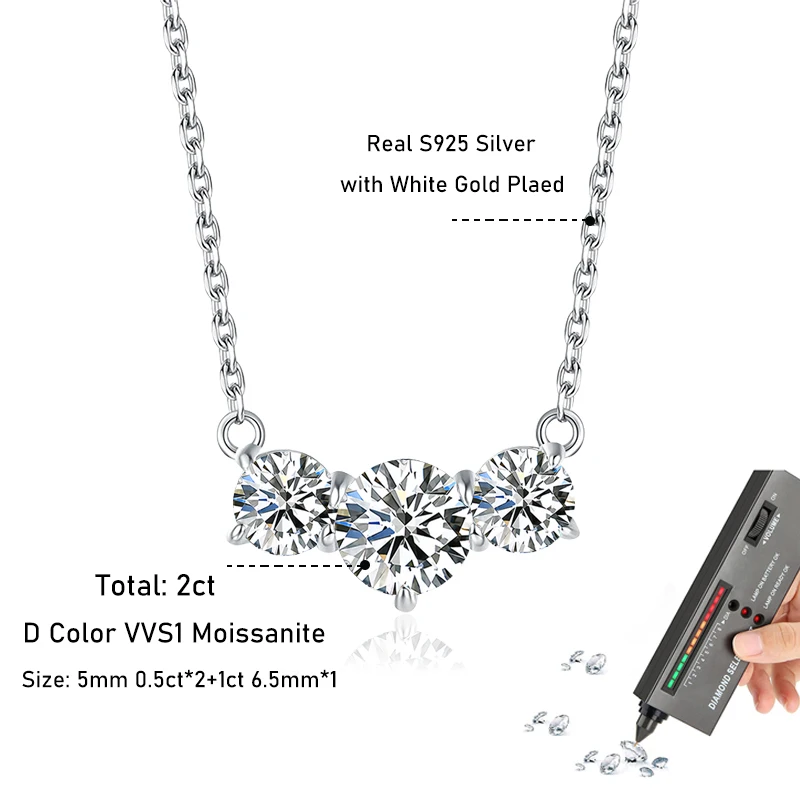 Tezzc Smile Moissanite Necklace for Women D Color Sparkling Lab Diamon Luxury Three Stones Necklaces S925 Silver with Certified