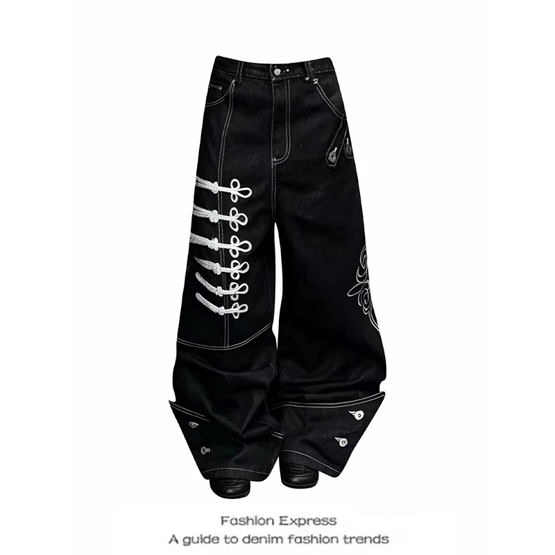 ZHIZOU Women's Black Y2k Baggy Scimitar Jeans Pants Vintage 2000s Harajuku American Style Cargo Wide Leg Denim Trousers Clothes