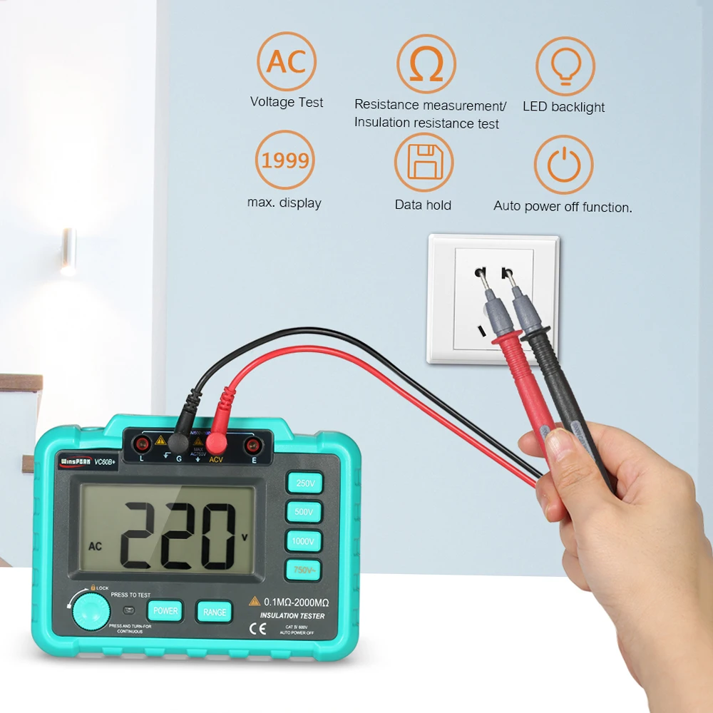 WinsPEAK VC60B + Tester di resistenza di isolamento digitale LCD Megohm Meter Megohmmeter DC250V/500V/1000V AC750V