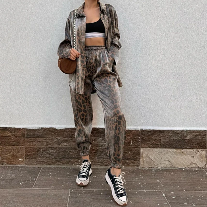 Leopard Shirt Top & Cuffed Pants Set Women Wide Leg Pant Sets Two Piece Suit Spring Summer High Waist Elegant Trousers Suits