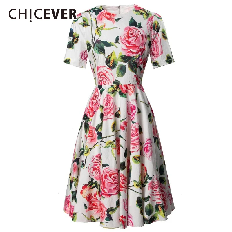 

CHICEVER Vintage Spliced Rose Print Dresses for Women Round Neck Short Sleeve High Waist Patchwork Zip Elegant Midi Dress Female