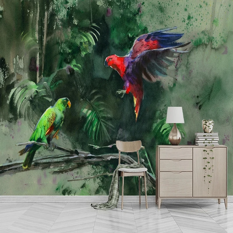 Custom 3D Wall Mural Hand-painted Landscape Rainforest Plants Parrots Wallpaper For Living Room Home Decor Fresco 3D Wall Paper