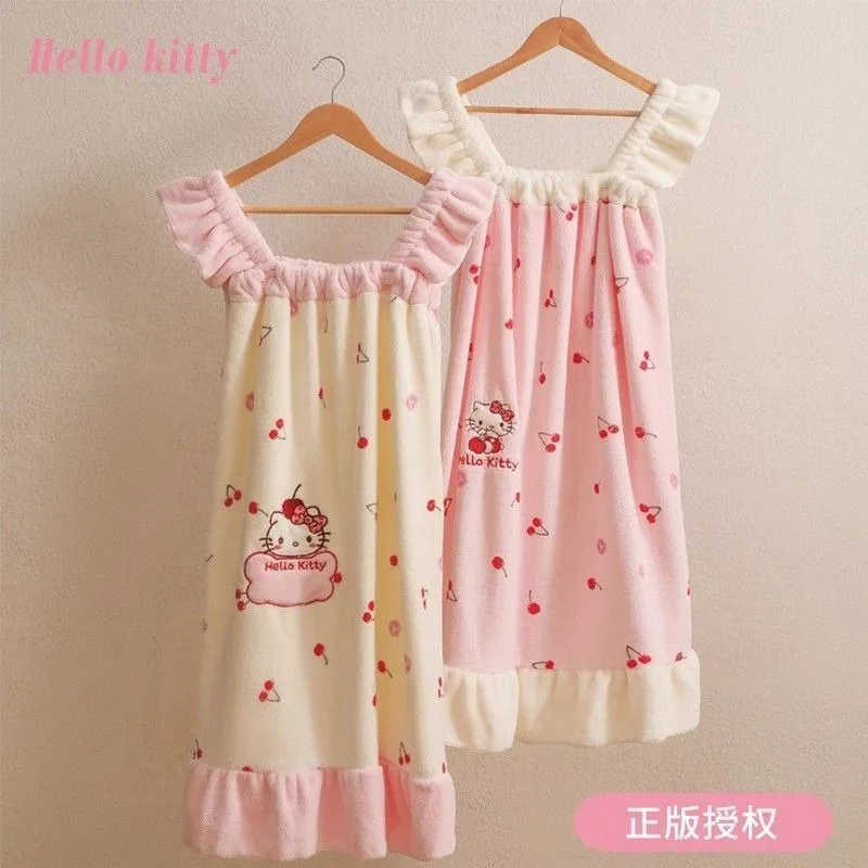 Falda de baño con tirantes de Hello Kitty, serie Cherry Girl Heart, terciopelo Coral, absorbe el agua, no se queda, dibujos animados de Anime de secado rápido