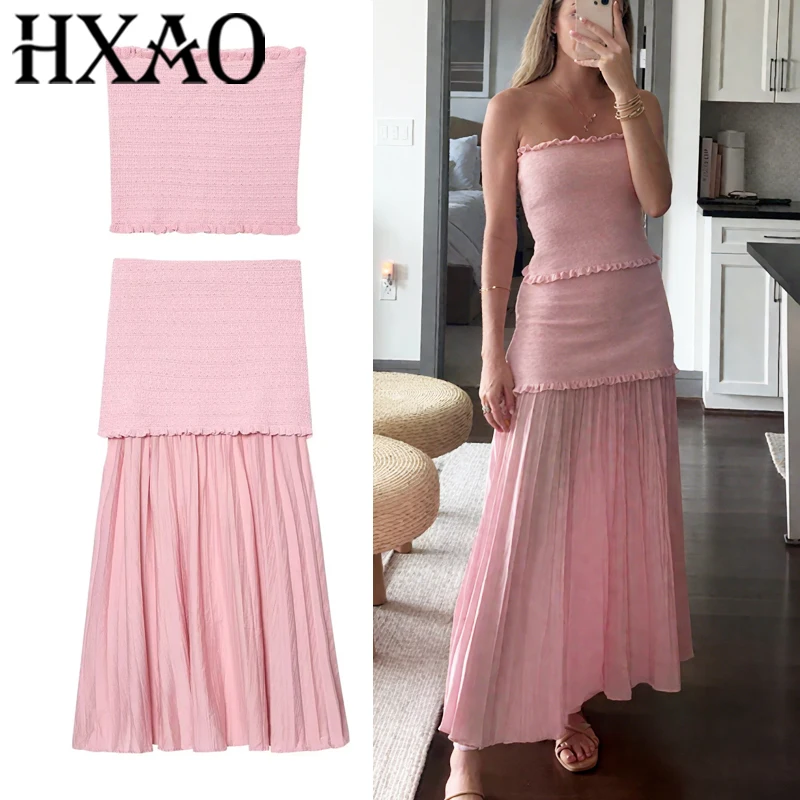 

HXAO Вязаная юбка Комплект из 2 предметов Женский корсет Укороченный топ Плиссированная длинная юбка Женский комплект из двух предметов Летние вязаные крючком розовые вязаные костюмы