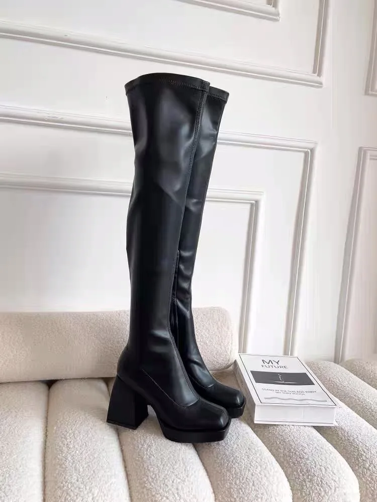 Winter Over The Knee High Boots Fashion Side Zippers Square High Heel Long Boots 2024 Ladies Elegant Mordern Boots