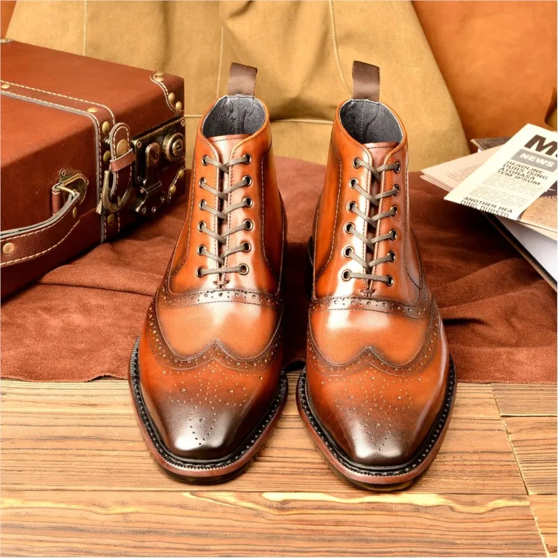 

Vintage Mens Ankle Boots 42 Genuine Leather Lace Up Black Brown Dress Boots For Men Luxury Formal Shoe Italian Chelsea Boots Men