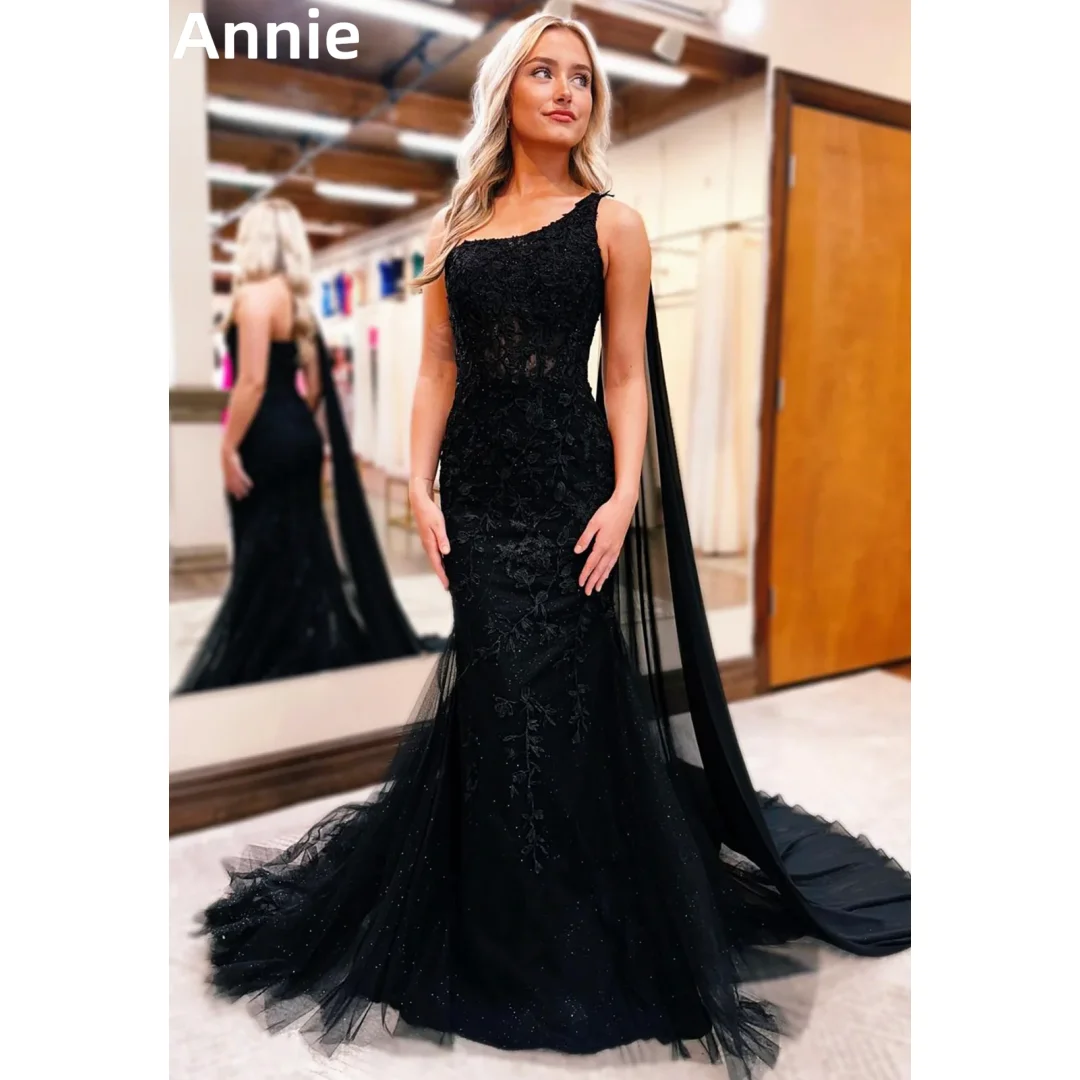 

Annie Gothic Black Prom Dresses Luxury Lace Fairy Embroidery Evening Dresses Mermaid Cape Formal Occasions Elegant Party Dress