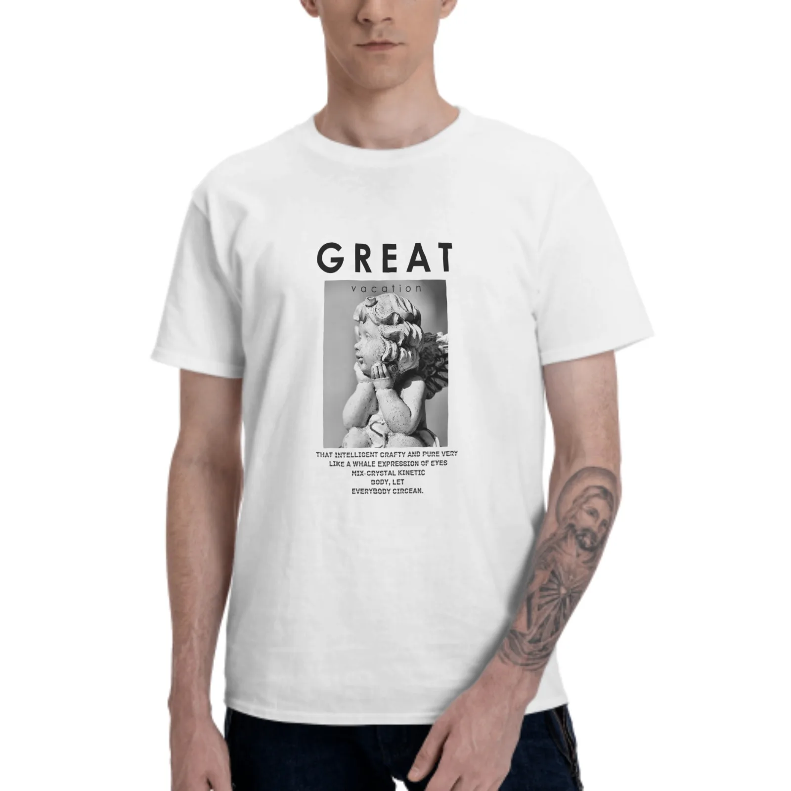 

White "GREAT" Graphic Tee, Angel Sculpture Print, Casual Short - Sleeve, Artistic Inspirational Top for Men Women
