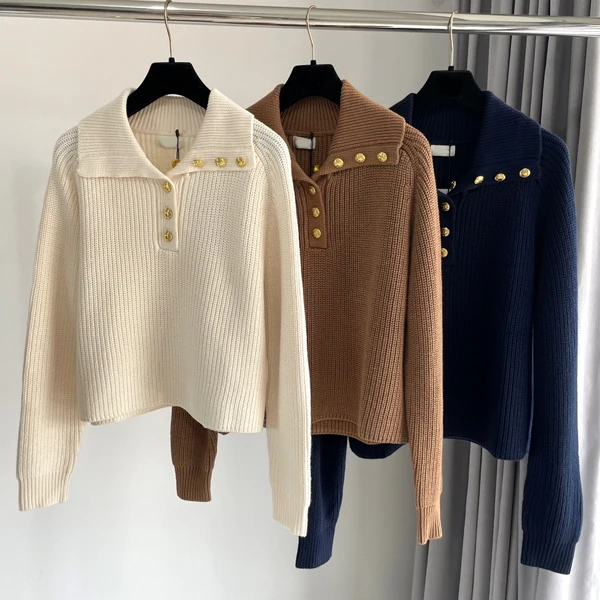 Suéter longo de malha com botão dourado, cor pura, gola virada para baixo, lã, faion para mulheres, outono inverno