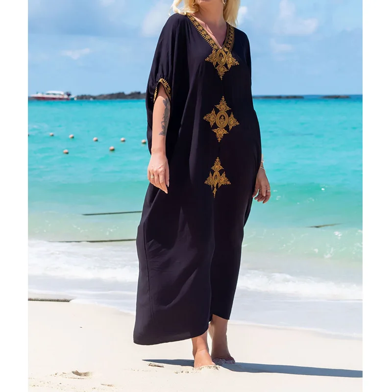 Women's Dress Summer Boho Cotton Gold Embroidered Vacation Comfortable Loose Beach Hood Dresses For Women Robe Femal Vestidos