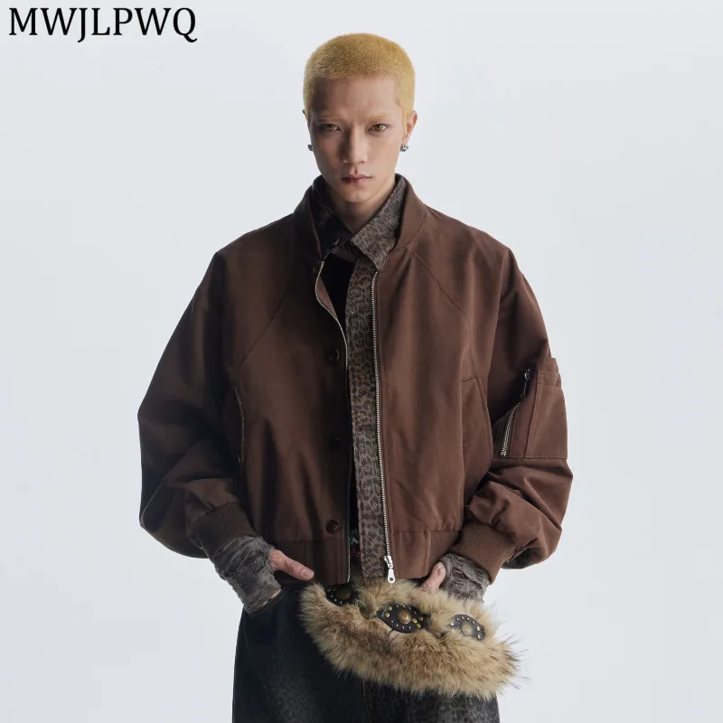 

MWJLPWQ Leopard Print Patchwork Jacket Men's High Street Faux Two-Piece Stand Collar Niched Design Zipper Loose Coat Top 11639