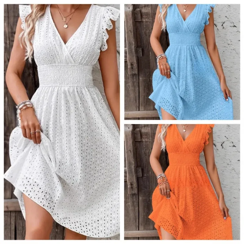 

Европейское и американское трансграничное летнее новое элегантное тонкое женское модное полое платье с рукавами в виде листьев лотоса для женщин