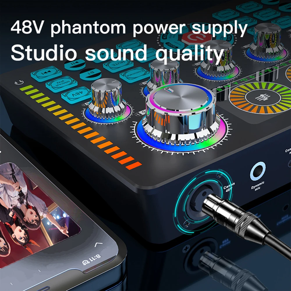 Q7 Audio Mixer USB External Sound Card of Headset Live Broadcast Sound Card for Mobile Phone Computer 48V Phantom Audio Mixer