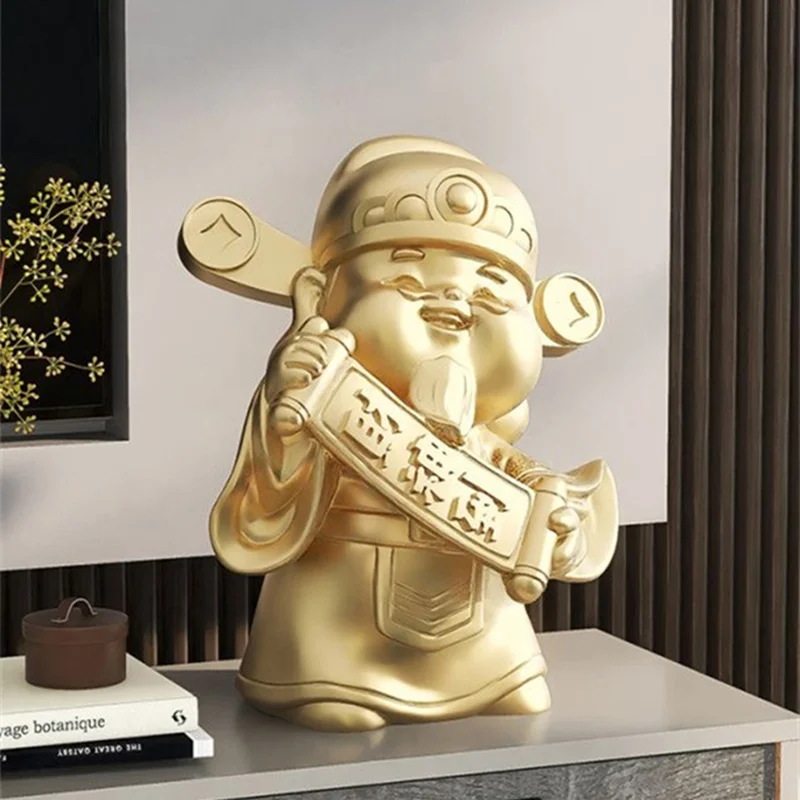 Resin God of Wealth Ornaments Home Living Room Foyer Decoration Treasure Bowl God Of Fortune Statue Interior Table Cabinet Decor